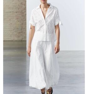 ZARA ZW COLLECTION VOLUMINOUS SKIRT WITH CUTWORK EMBROIDERY OYSTER-WHITE. SIZE S